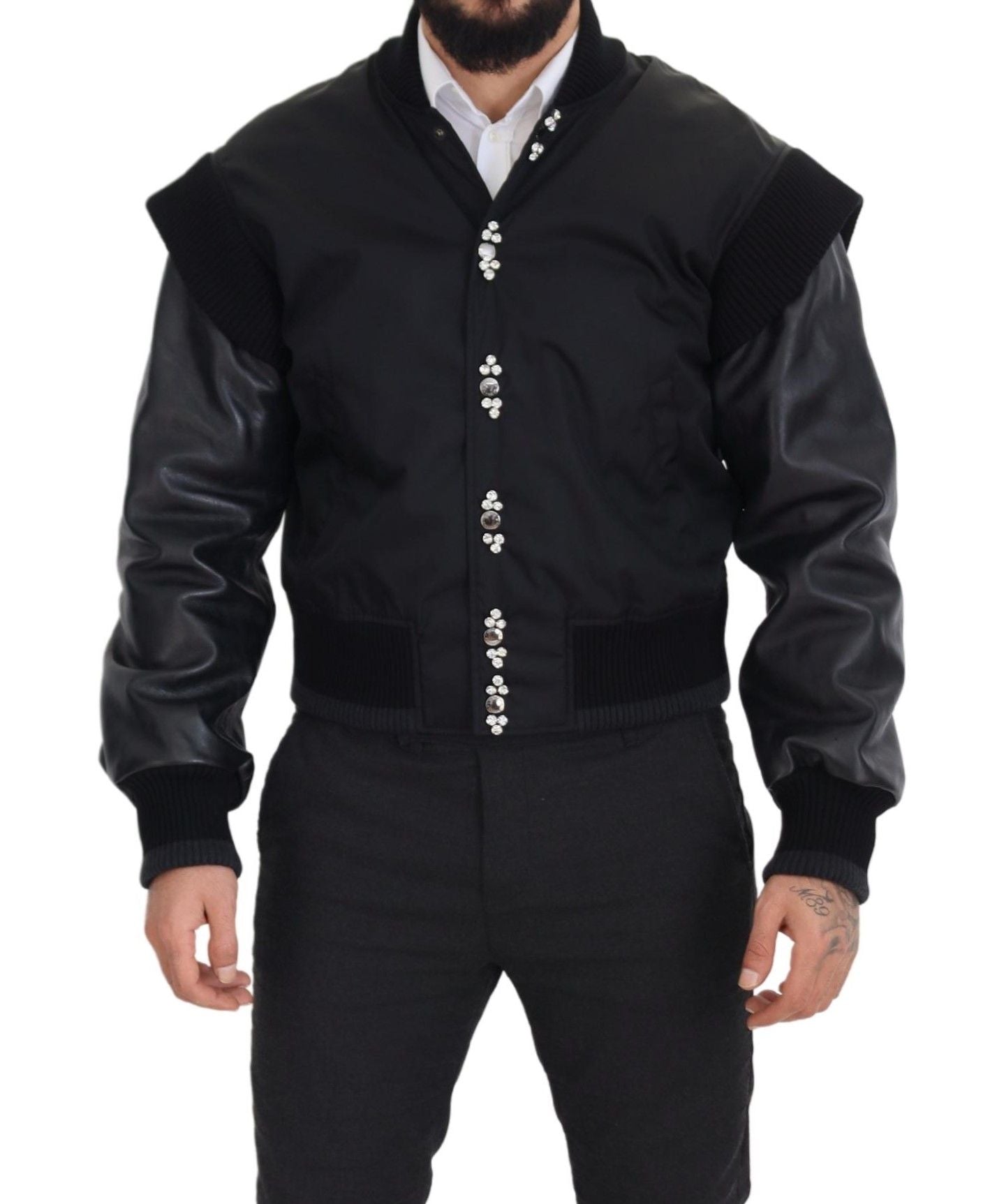 Dolce & Gabbana Black Crystals Button Bomber Jacket