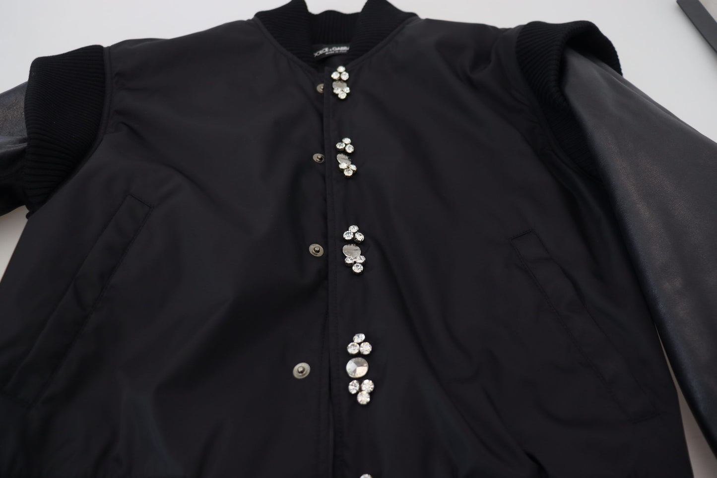 Dolce & Gabbana Black Crystals Button Bomber Jacket