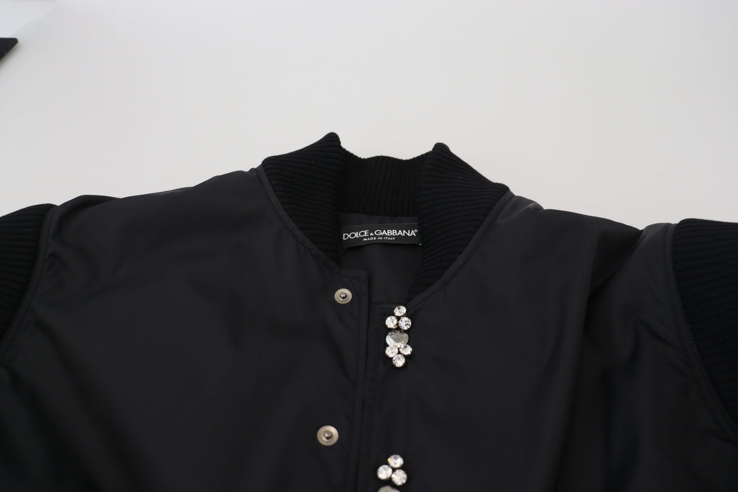 Dolce & Gabbana Black Crystals Button Bomber Jacket