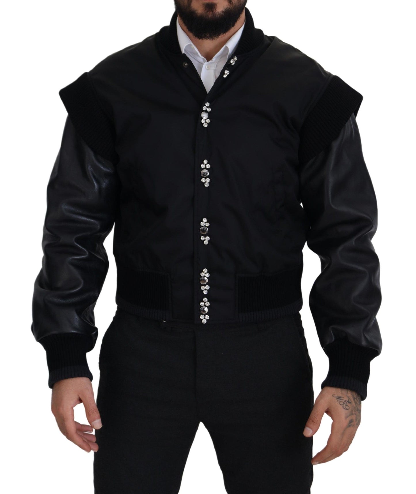 Dolce & Gabbana Black Crystals Button Bomber Jacket