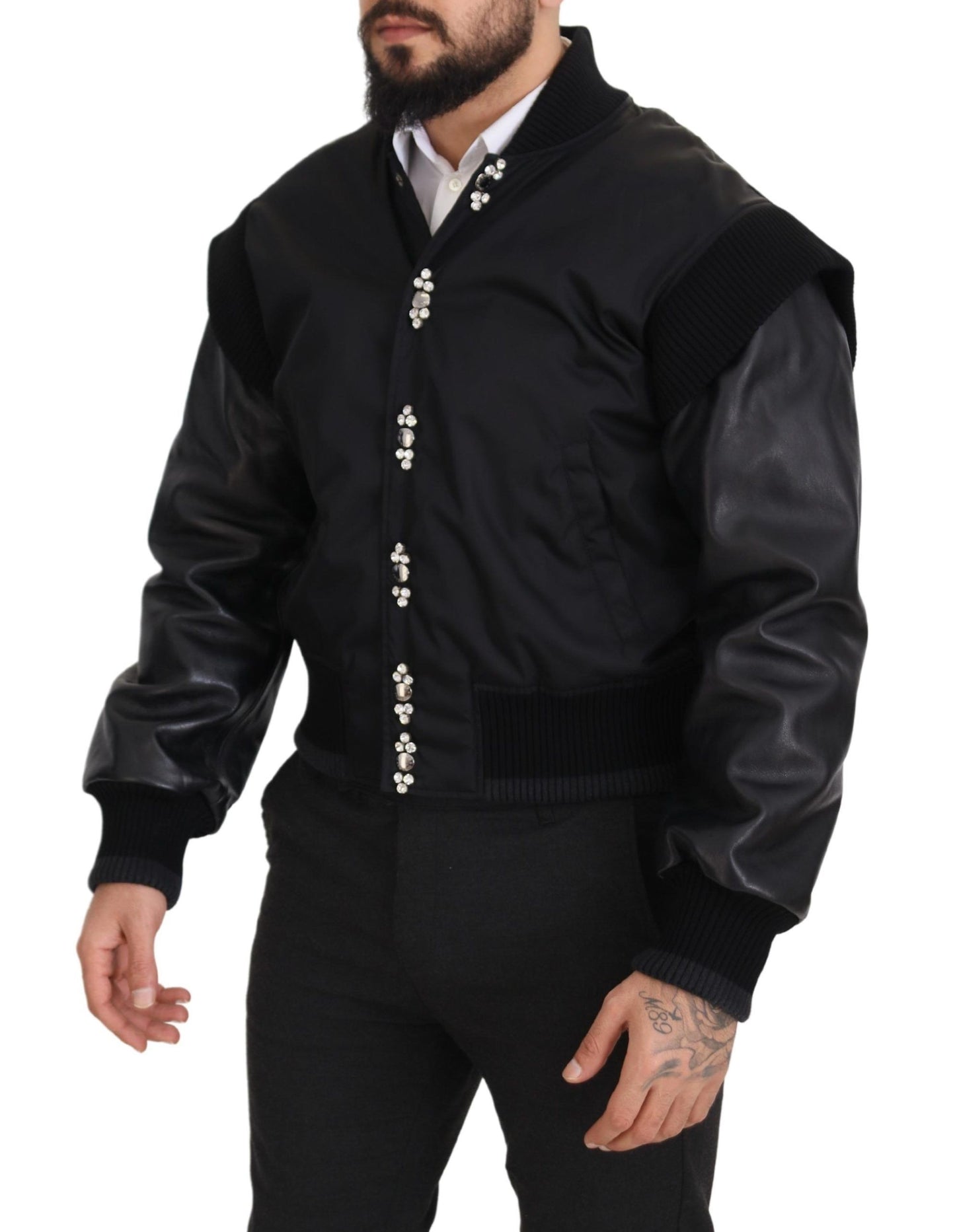 Dolce & Gabbana Black Crystals Button Bomber Jacket