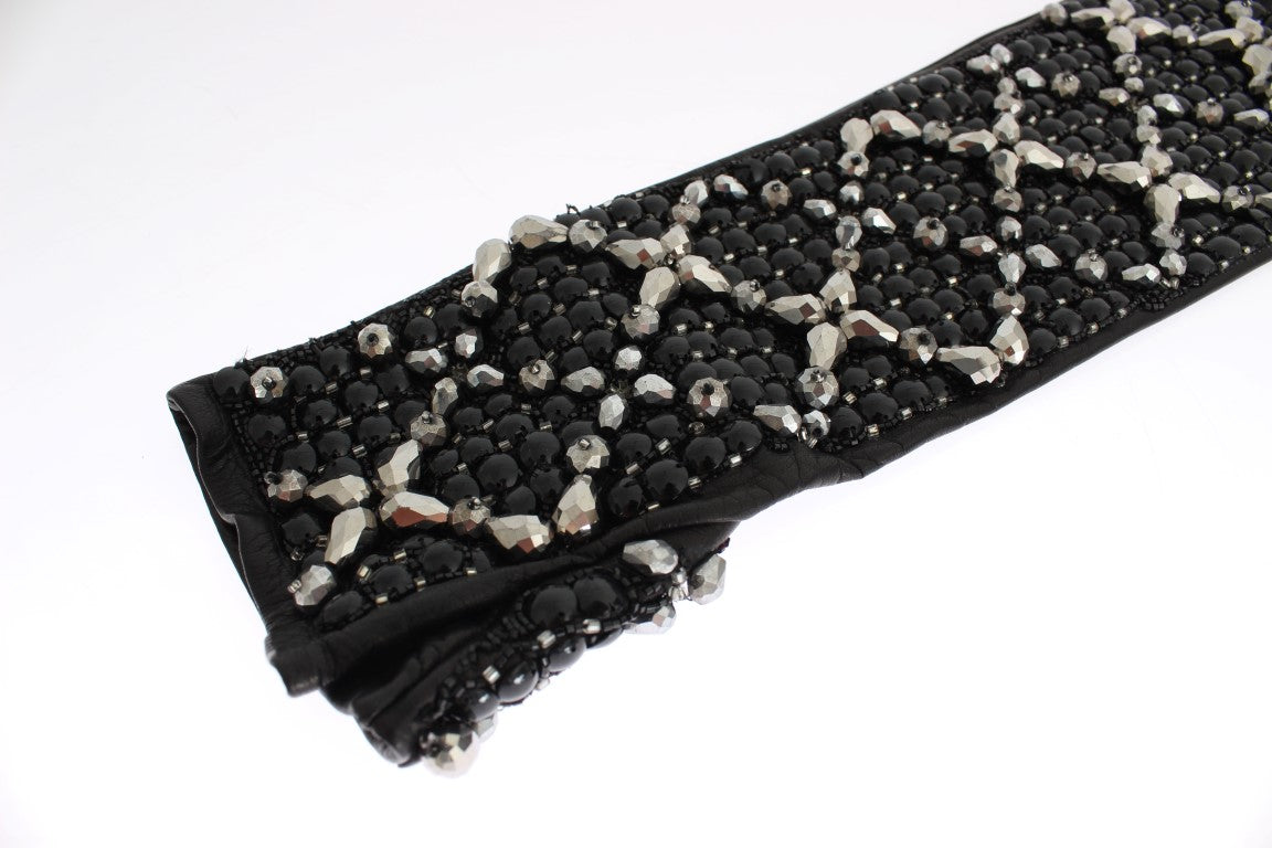 Dolce & Gabbana Black Leather Crystal Beaded Finger Free Gloves