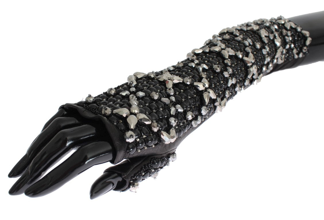 Dolce & Gabbana Black Leather Crystal Beaded Finger Free Gloves