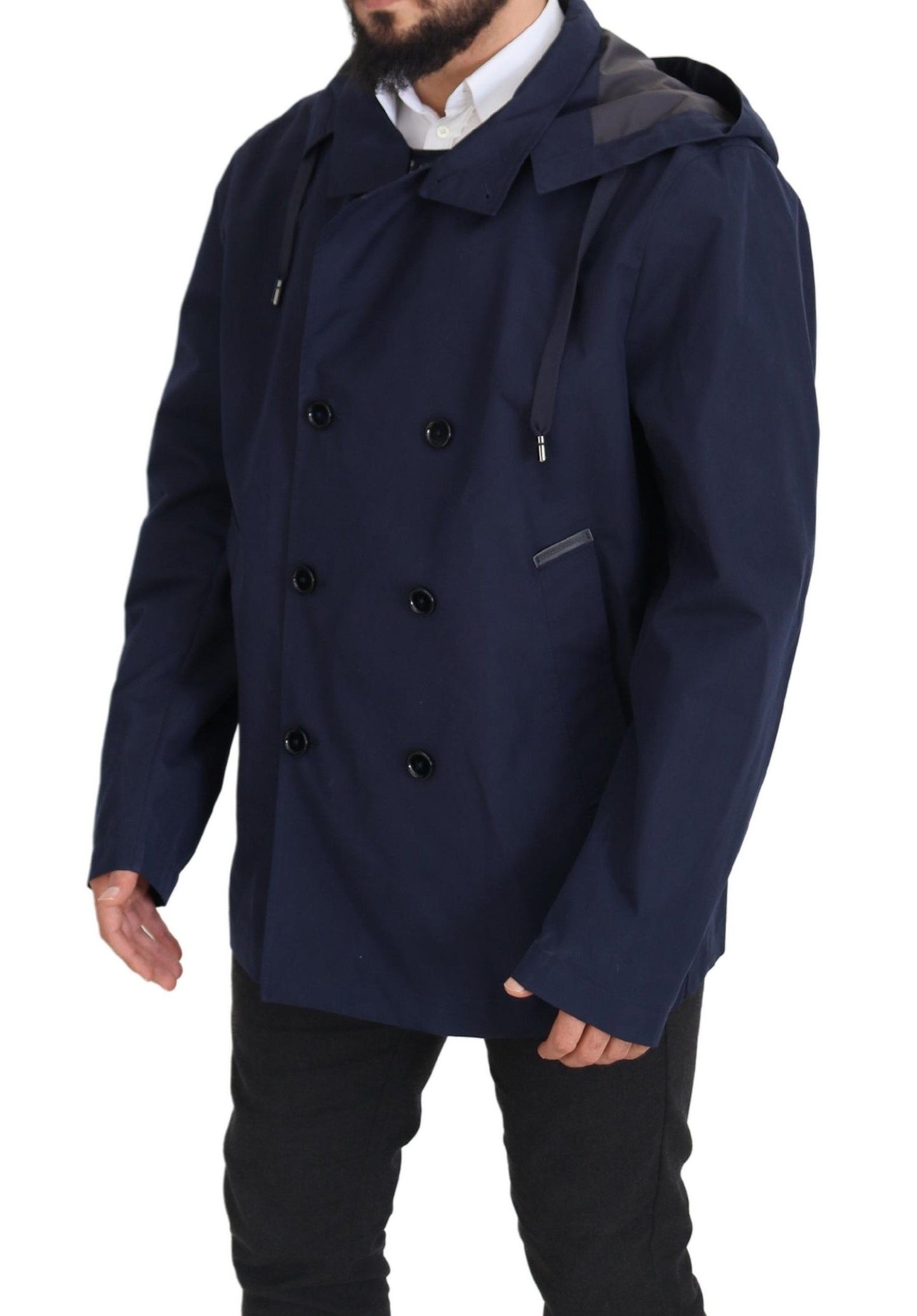 Dolce & Gabbana Blue Hooded Double Breasted Coat Jacket