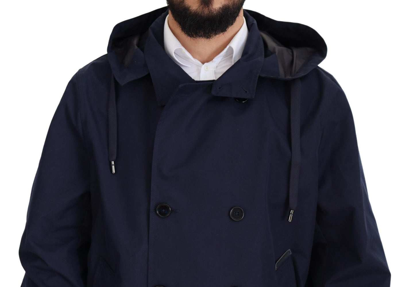 Dolce & Gabbana Blue Hooded Double Breasted Coat Jacket