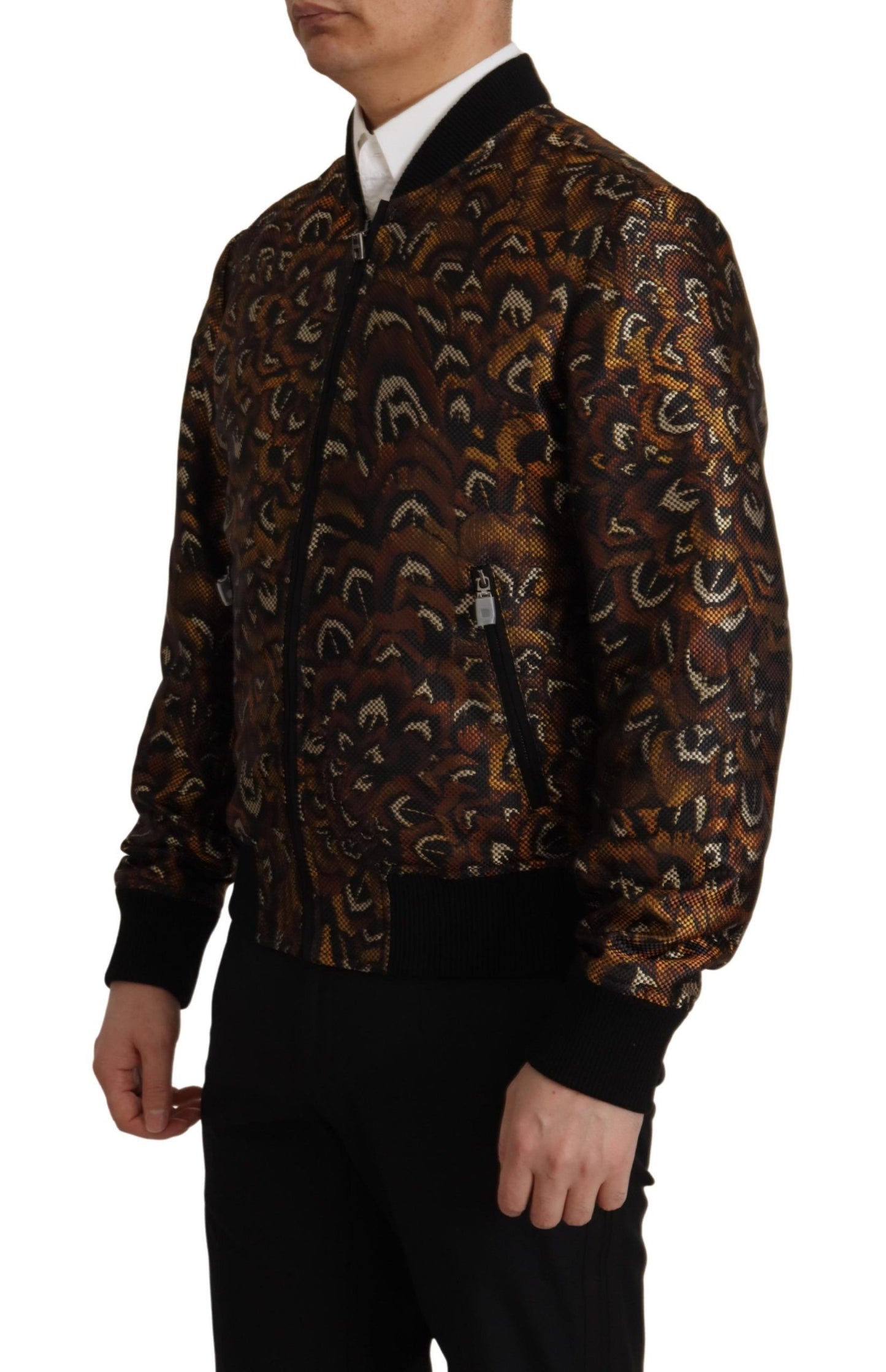 Dolce & Gabbana Brown Feather Full Zip Blouson Jacket