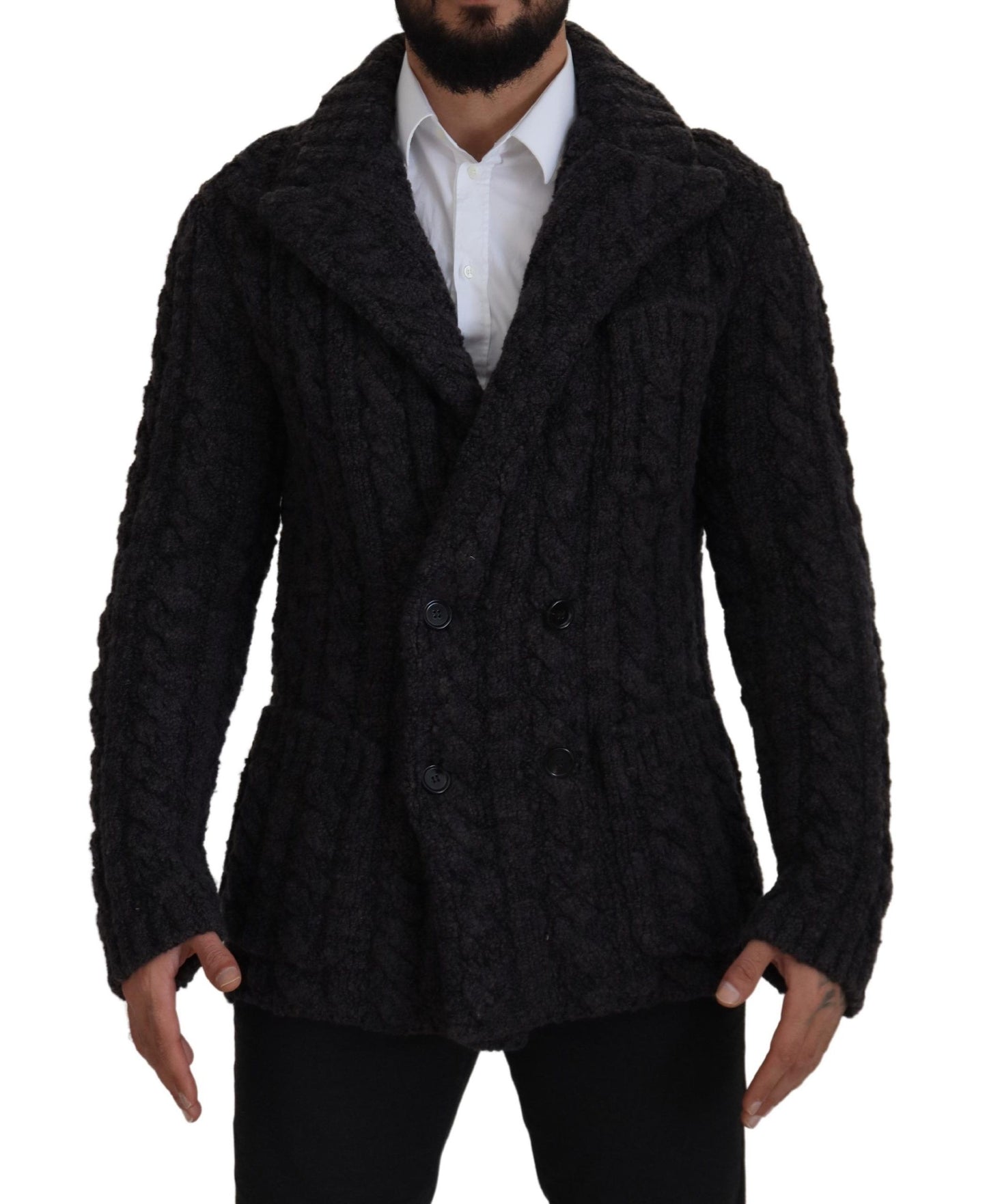 Dolce & Gabbana Black Wool Knit Double Breasted Coat Jacket