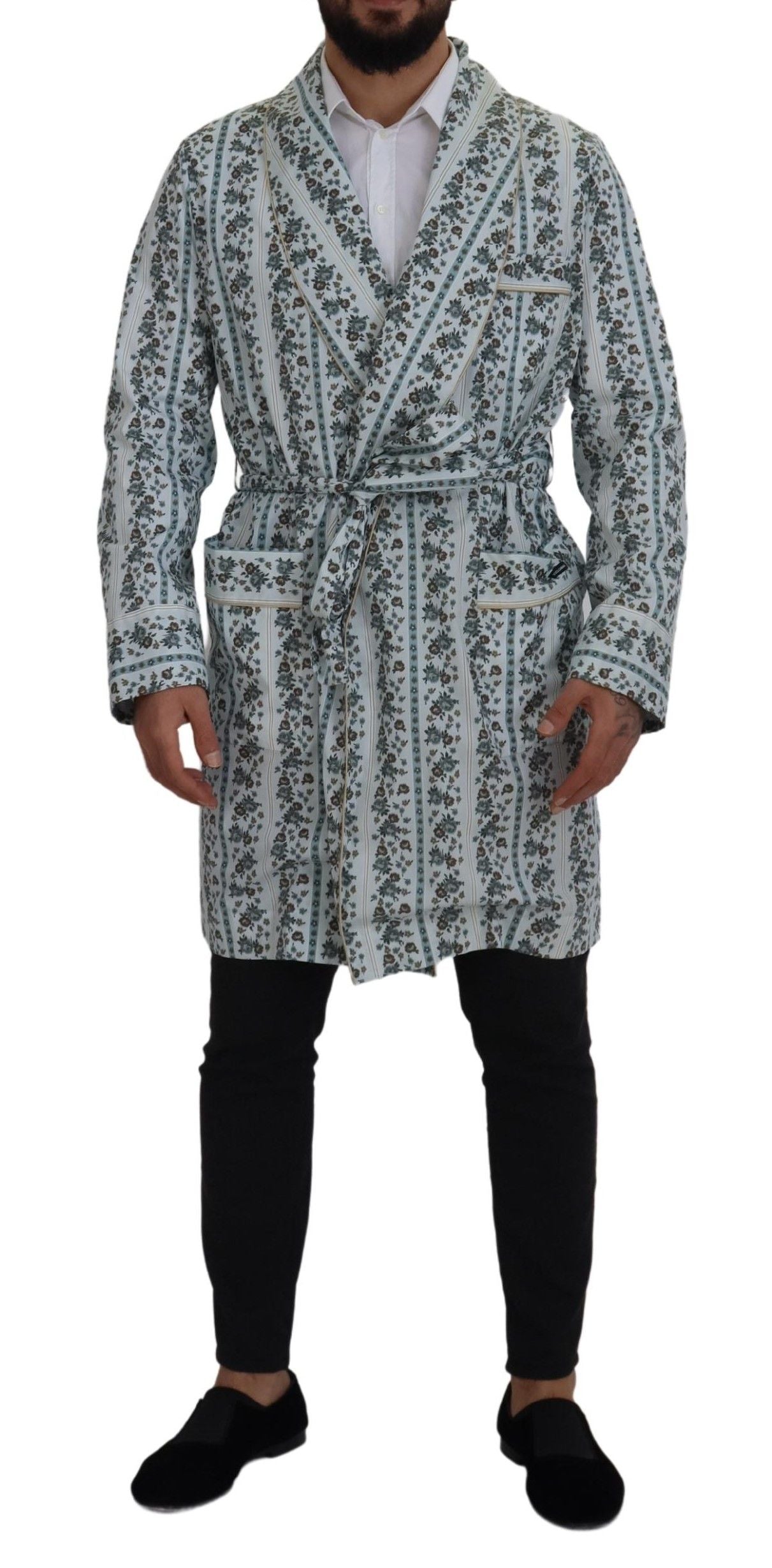 Dolce & Gabbana Blue Floral Cotton Robe Coat Jacket