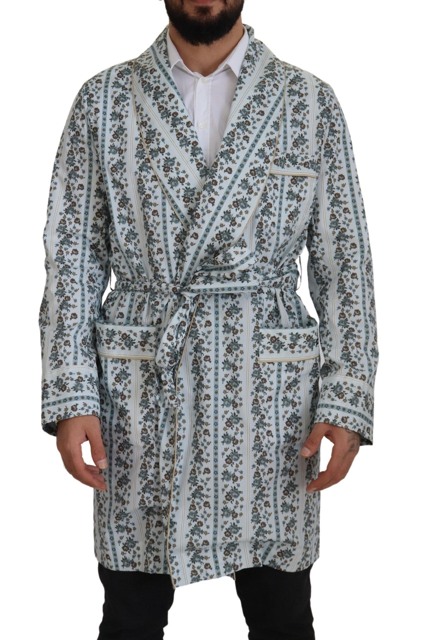 Dolce & Gabbana Blue Floral Cotton Robe Coat Jacket