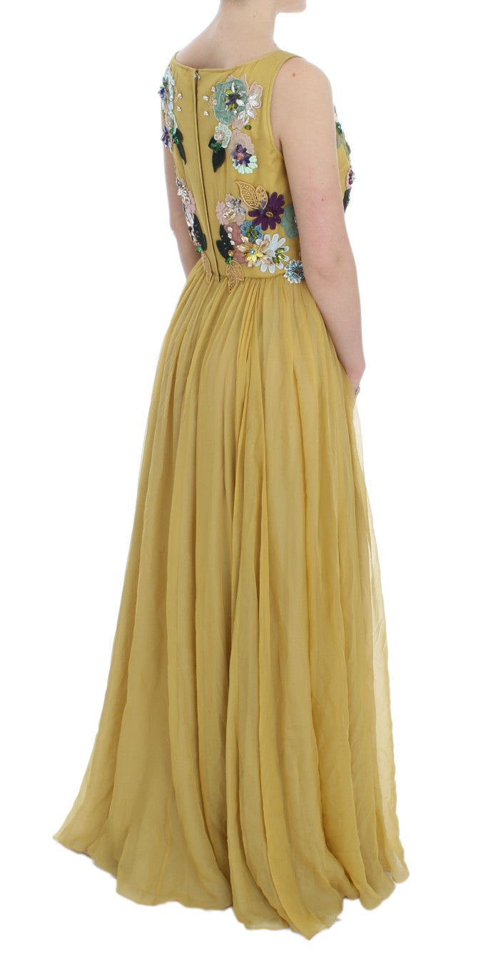 Dolce & Gabbana Enchanting Yellow Silk Floral Appliqué Dress