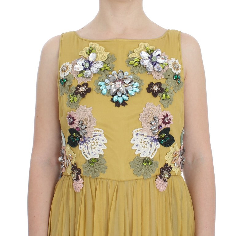 Dolce & Gabbana Enchanting Yellow Silk Floral Appliqué Dress