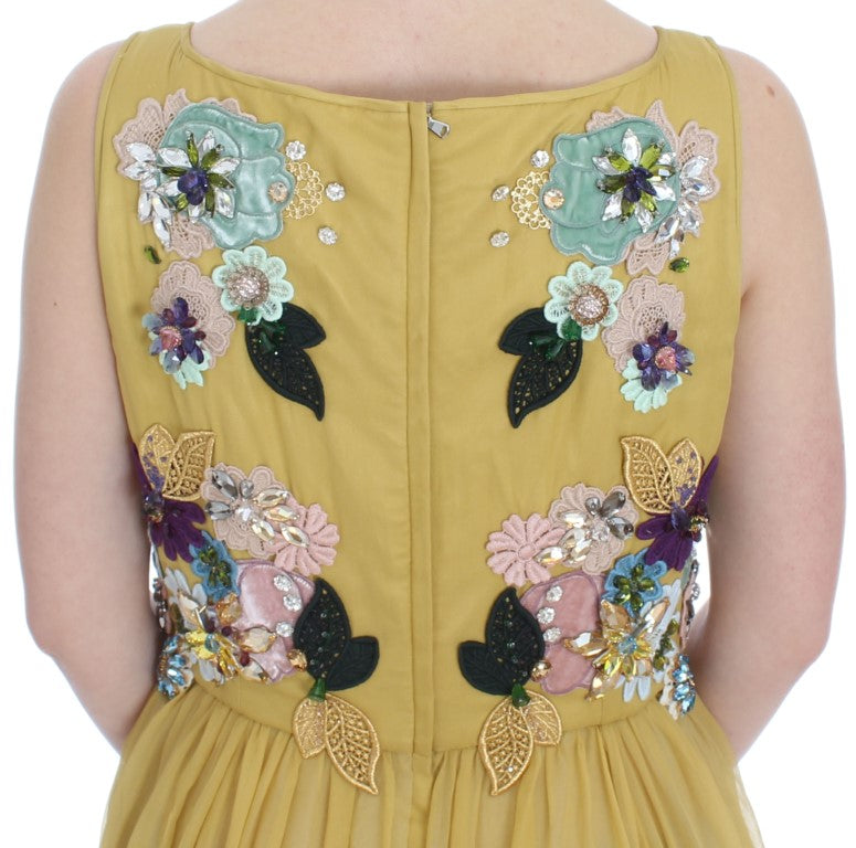 Dolce & Gabbana Enchanting Yellow Silk Floral Appliqué Dress