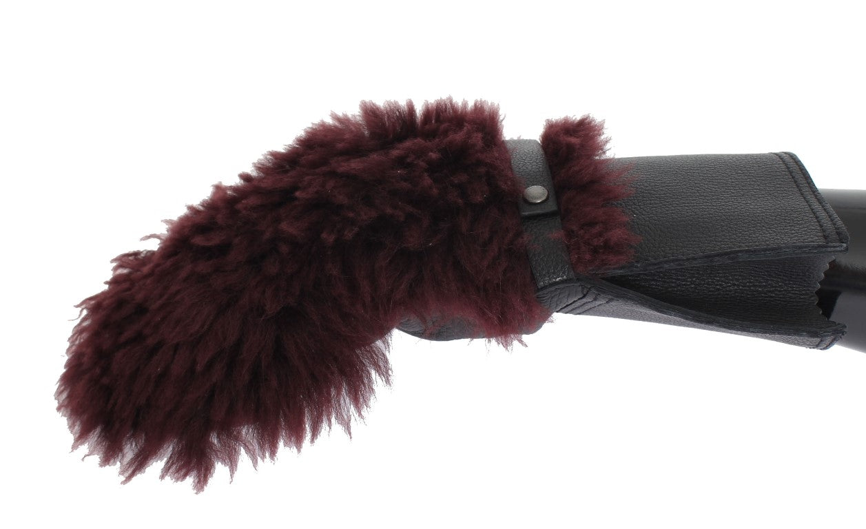 Dolce & Gabbana Black Leather Bordeaux Shearling Gloves