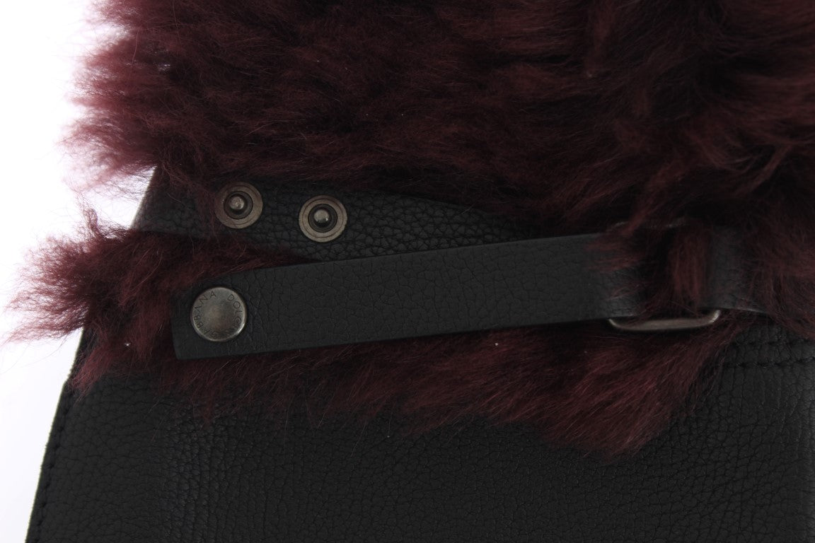 Dolce & Gabbana Black Leather Bordeaux Shearling Gloves