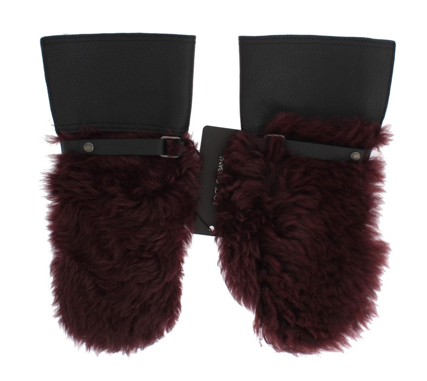 Dolce & Gabbana Black Leather Bordeaux Shearling Gloves