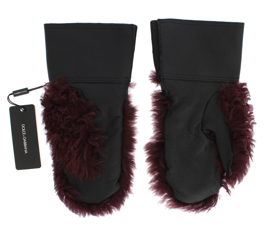 Dolce & Gabbana Black Leather Bordeaux Shearling Gloves