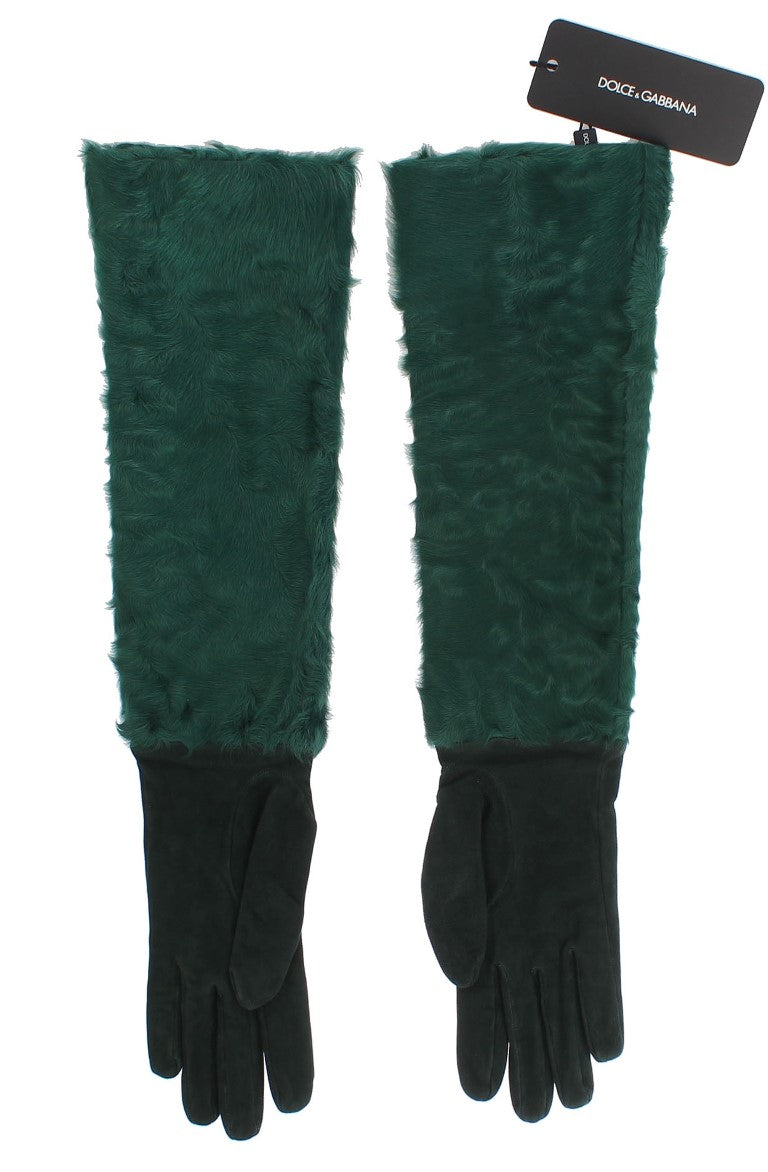 Dolce & Gabbana Green Leather Xiangao Fur Elbow Gloves