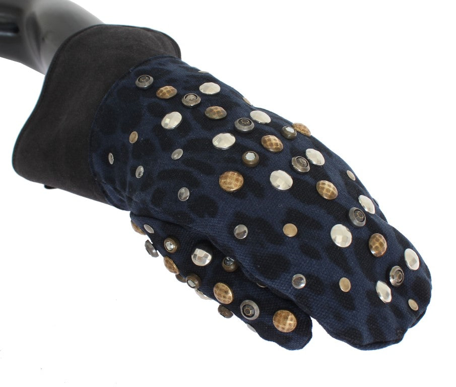 Dolce & Gabbana Gray Wool Shearling Studded Blue Leopard Gloves