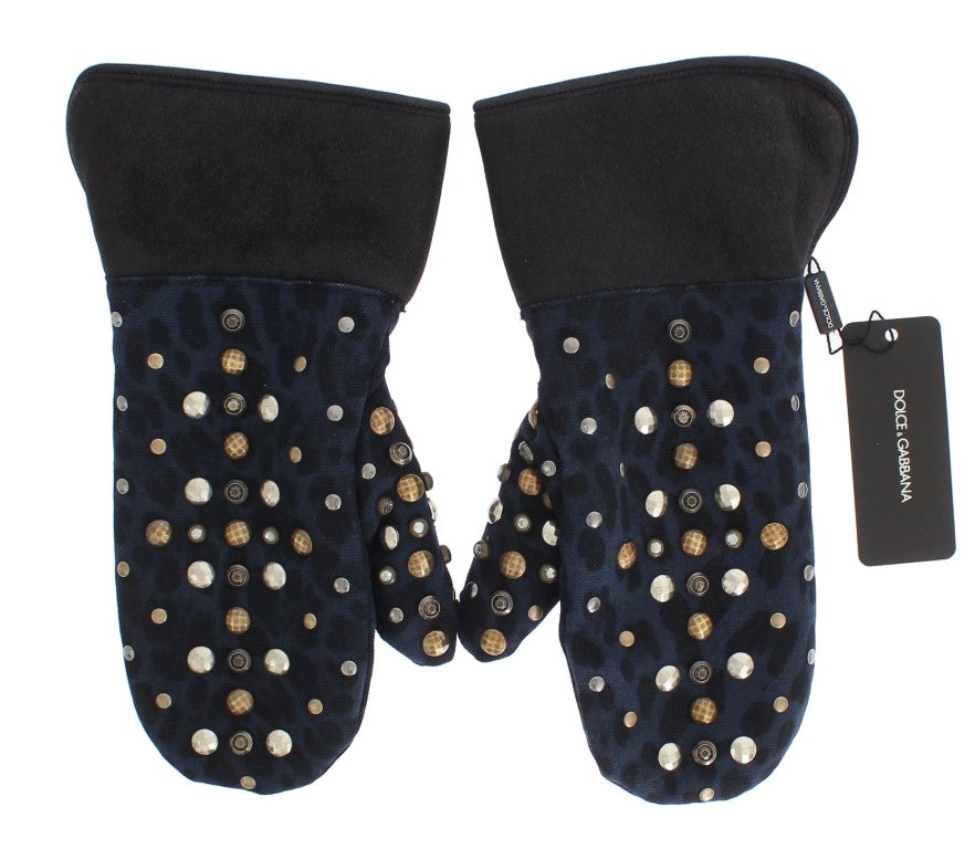 Dolce & Gabbana Gray Wool Shearling Studded Blue Leopard Gloves