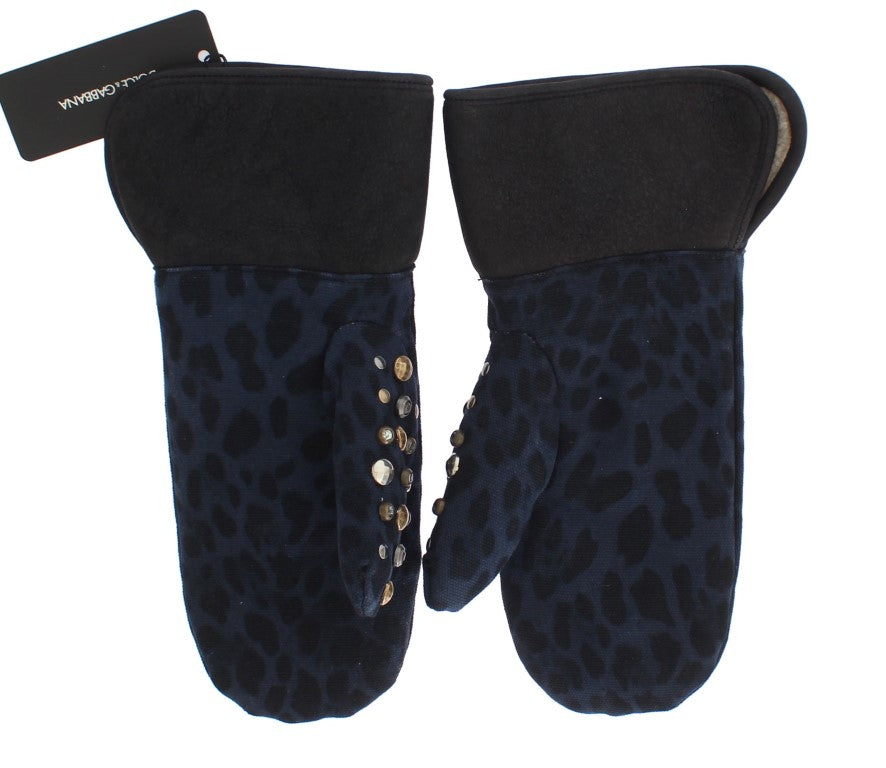 Dolce & Gabbana Gray Wool Shearling Studded Blue Leopard Gloves