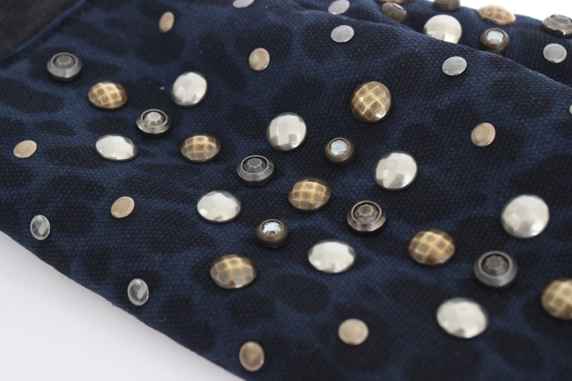 Dolce & Gabbana Gray Wool Shearling Studded Blue Leopard Gloves