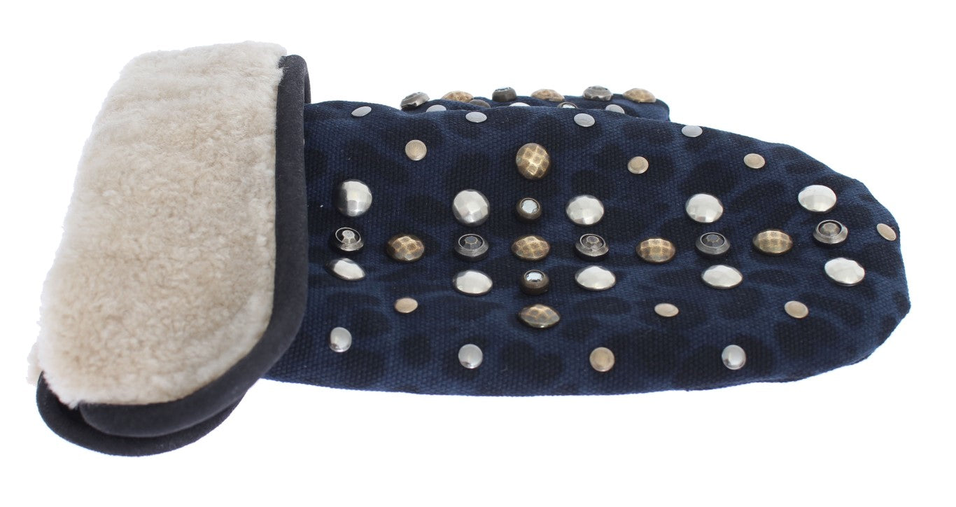 Dolce & Gabbana Gray Wool Shearling Studded Blue Leopard Gloves