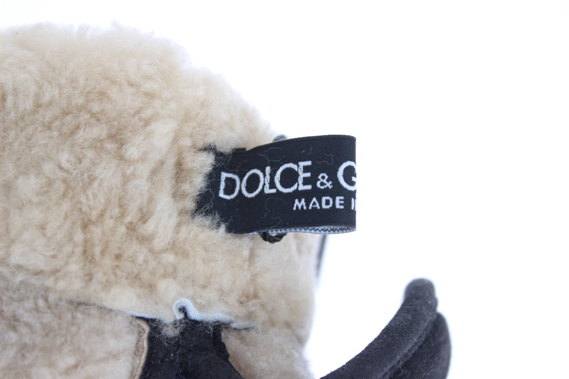 Dolce & Gabbana Gray Wool Shearling Studded Blue Leopard Gloves