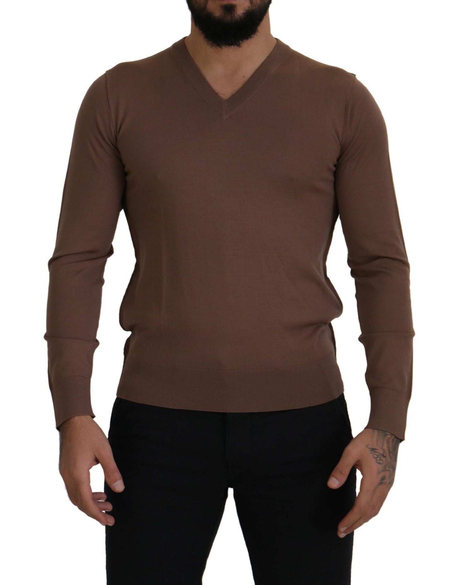 Dolce & Gabbana Brown Wool Men V-neck Pullover Sweater