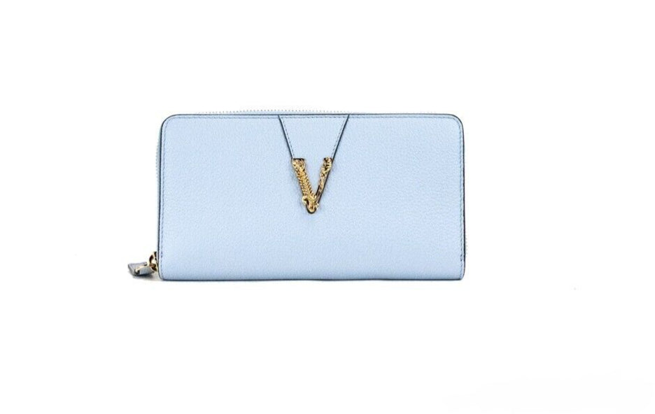 Versace Large Cornflower Blue Leather Gold Monogram Zip Around Clutch Wallet