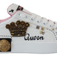 Dolce & Gabbana White Leather Crystal Queen Crown Sneakers Shoes