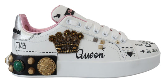 Dolce & Gabbana White Leather Crystal Queen Crown Sneakers Shoes