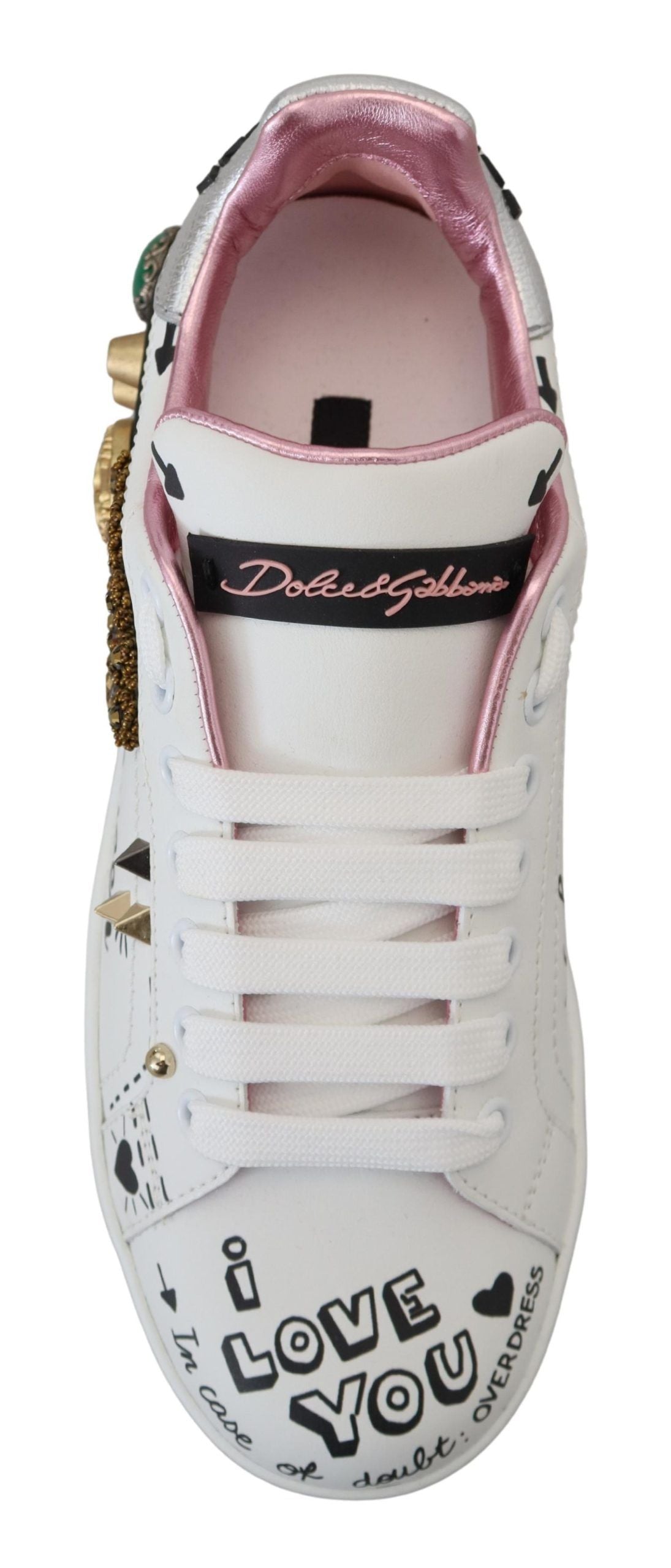 Dolce & Gabbana White Leather Crystal Queen Crown Sneakers Shoes