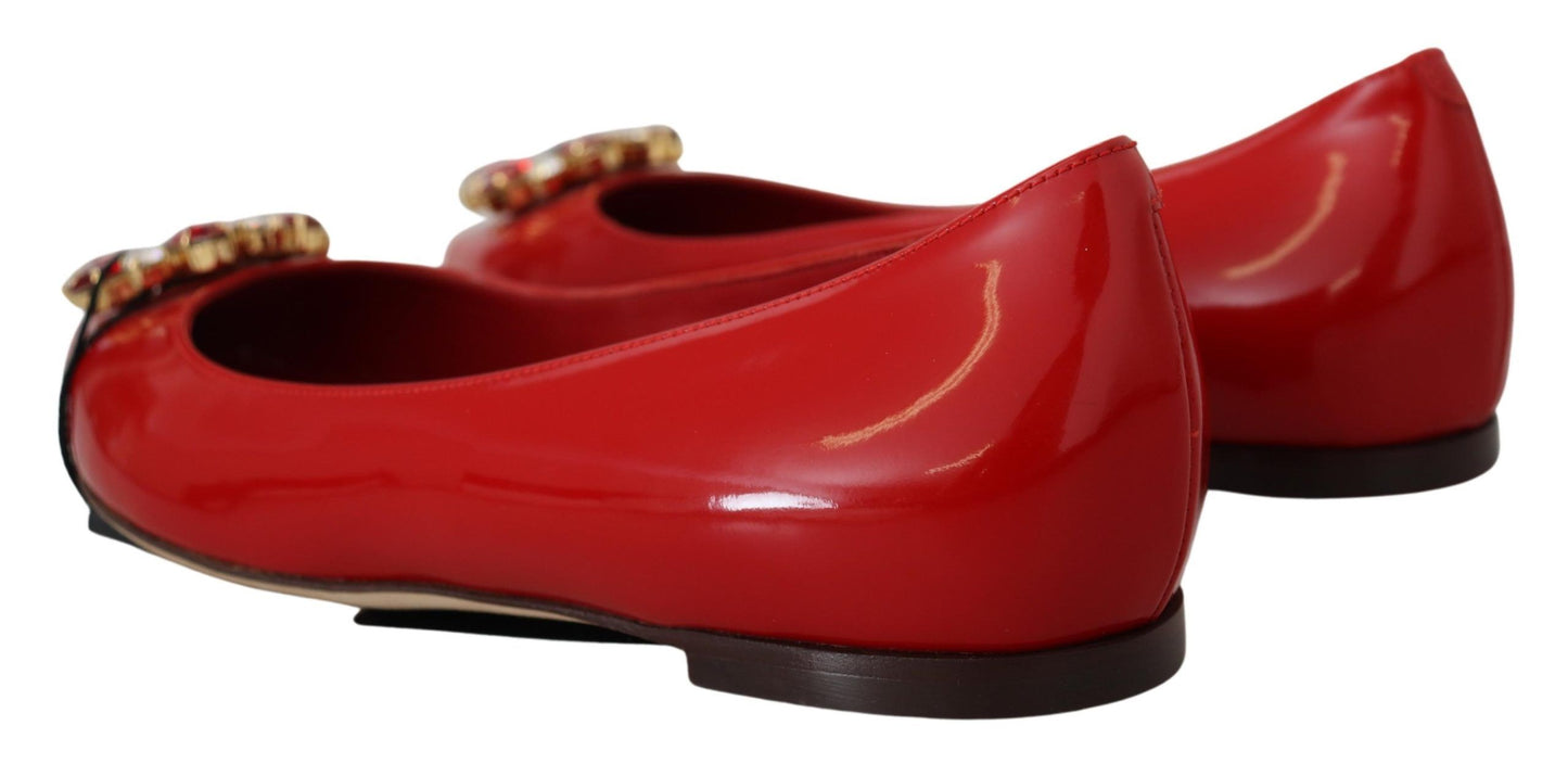 Dolce & Gabbana Red Leather Crystals Loafers Flats Shoes