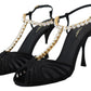 Dolce & Gabbana Black Satin Clear Crystal T-strap Sandal Shoes