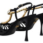 Dolce & Gabbana Black Satin Clear Crystal T-strap Sandal Shoes