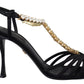 Dolce & Gabbana Black Satin Clear Crystal T-strap Sandal Shoes