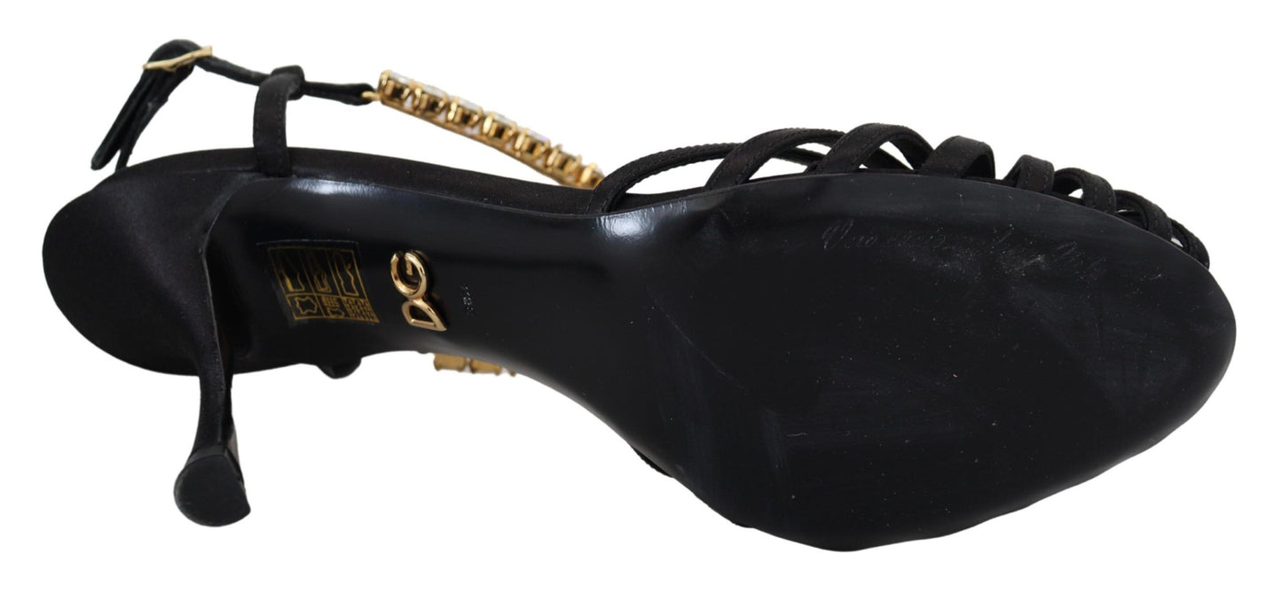 Dolce & Gabbana Black Satin Clear Crystal T-strap Sandal Shoes