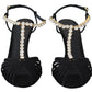 Dolce & Gabbana Black Satin Clear Crystal T-strap Sandal Shoes