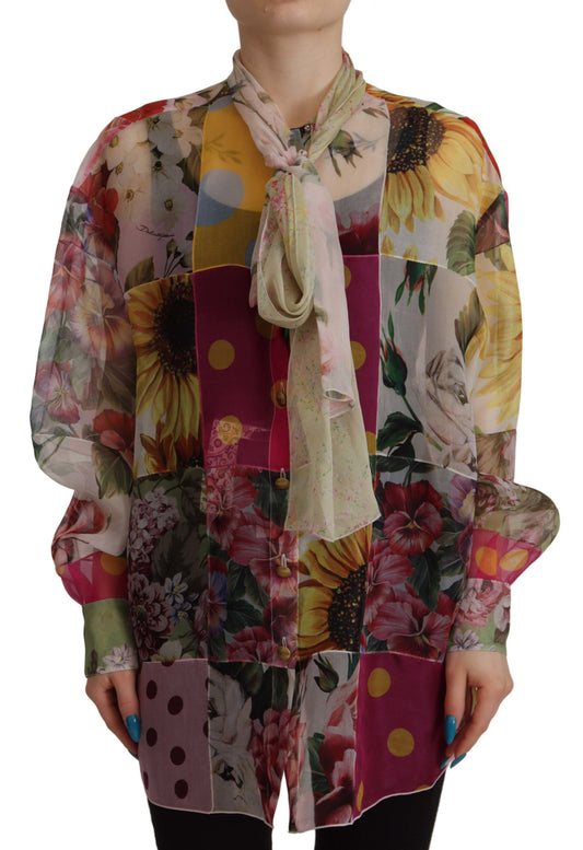 Dolce & Gabbana Multicolor Ascot Collar Patchwork Silk Blouse