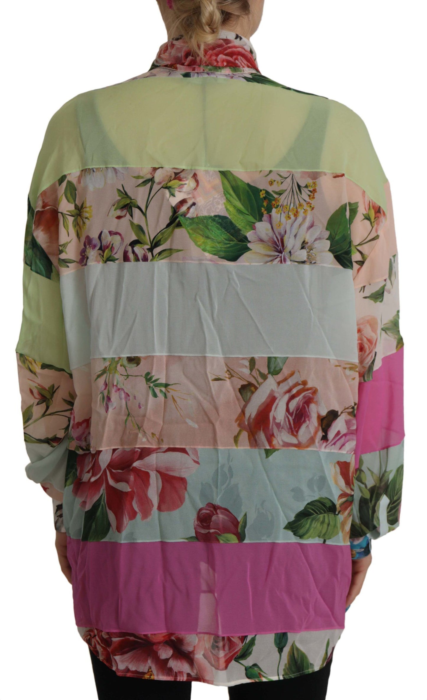 Dolce & Gabbana Multicolor Floral Patchwork Design Ascot Collar Silk Blouse