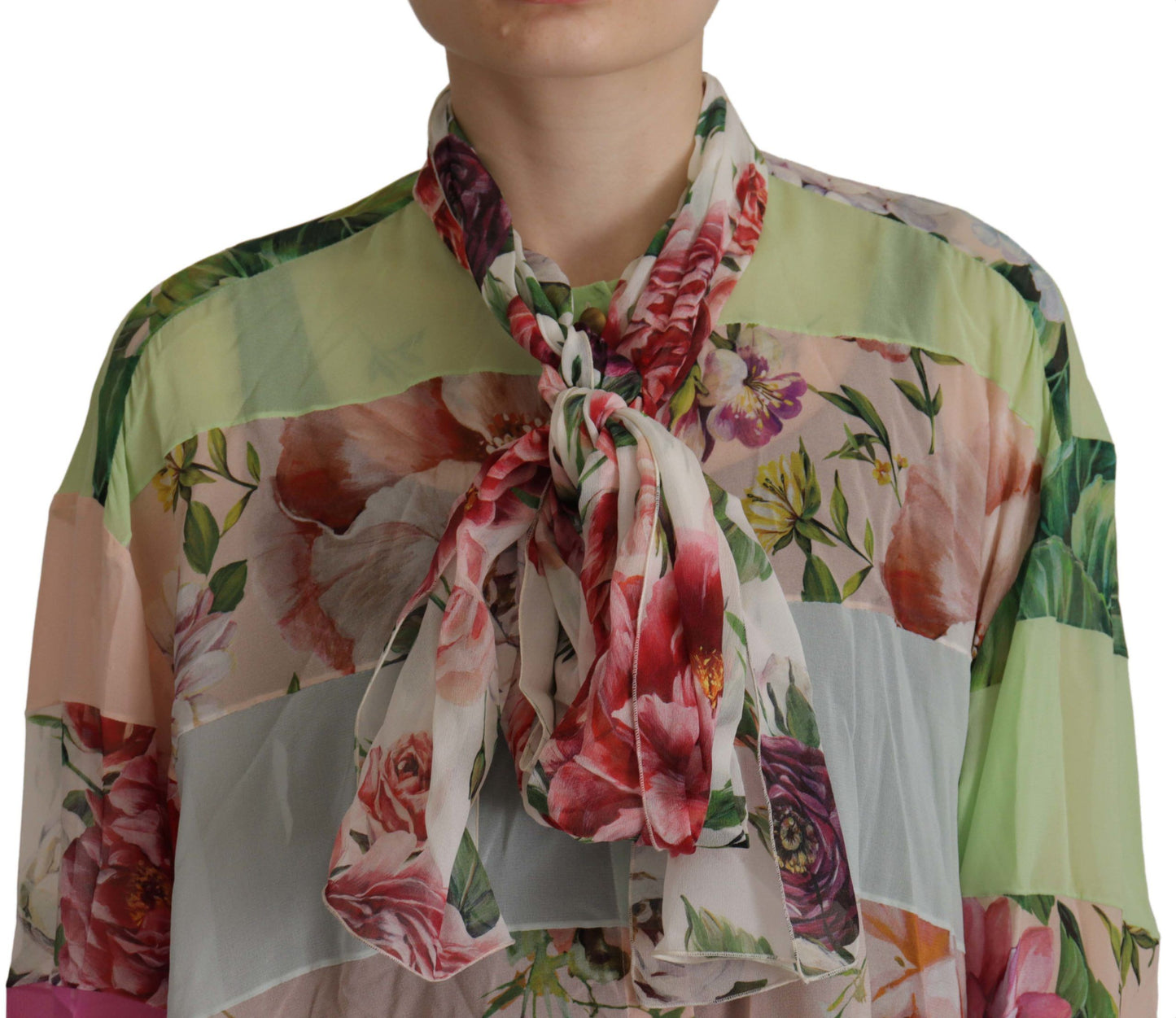 Dolce & Gabbana Multicolor Floral Patchwork Design Ascot Collar Silk Blouse