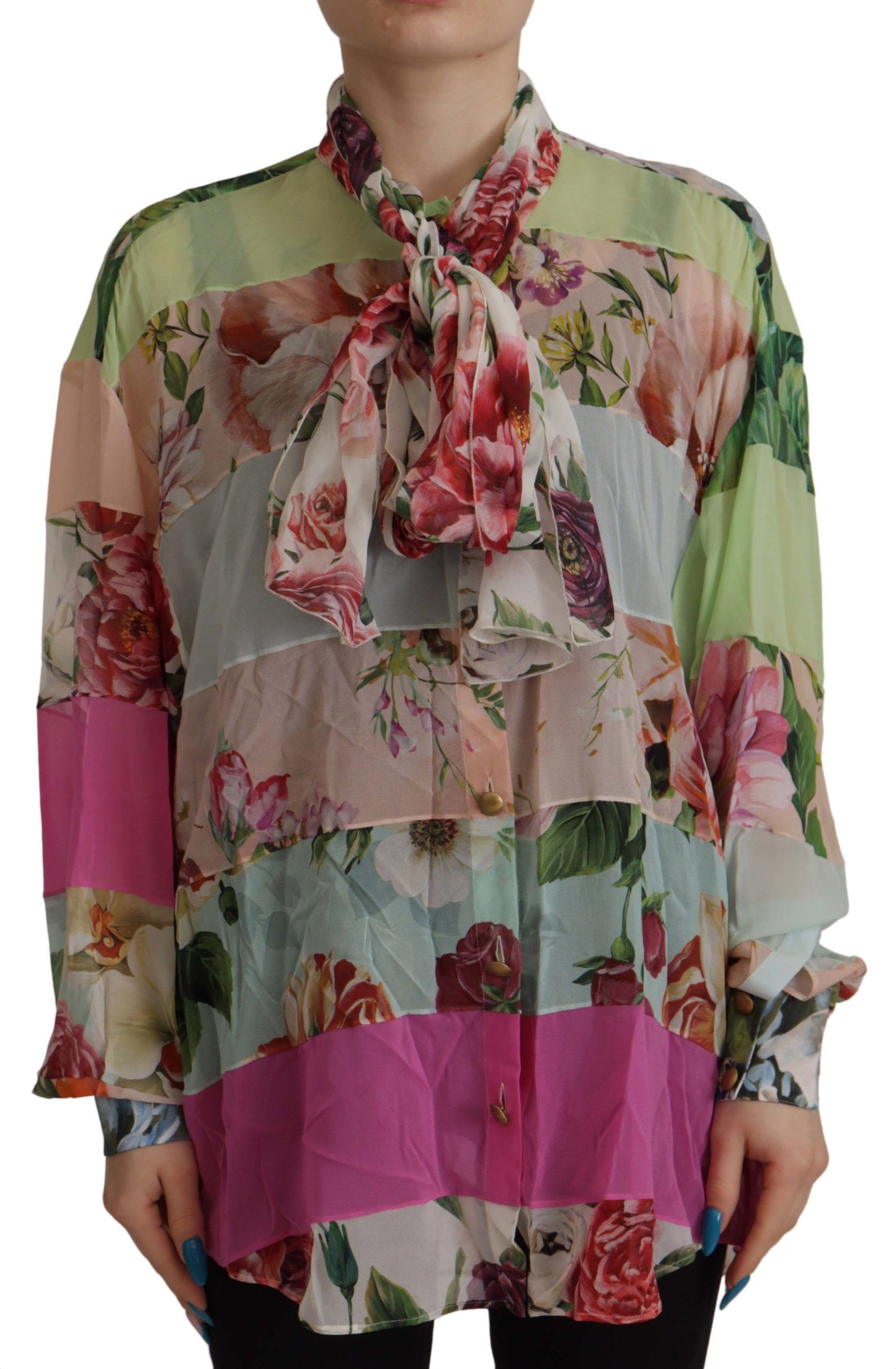 Dolce & Gabbana Multicolor Floral Patchwork Design Ascot Collar Silk Blouse