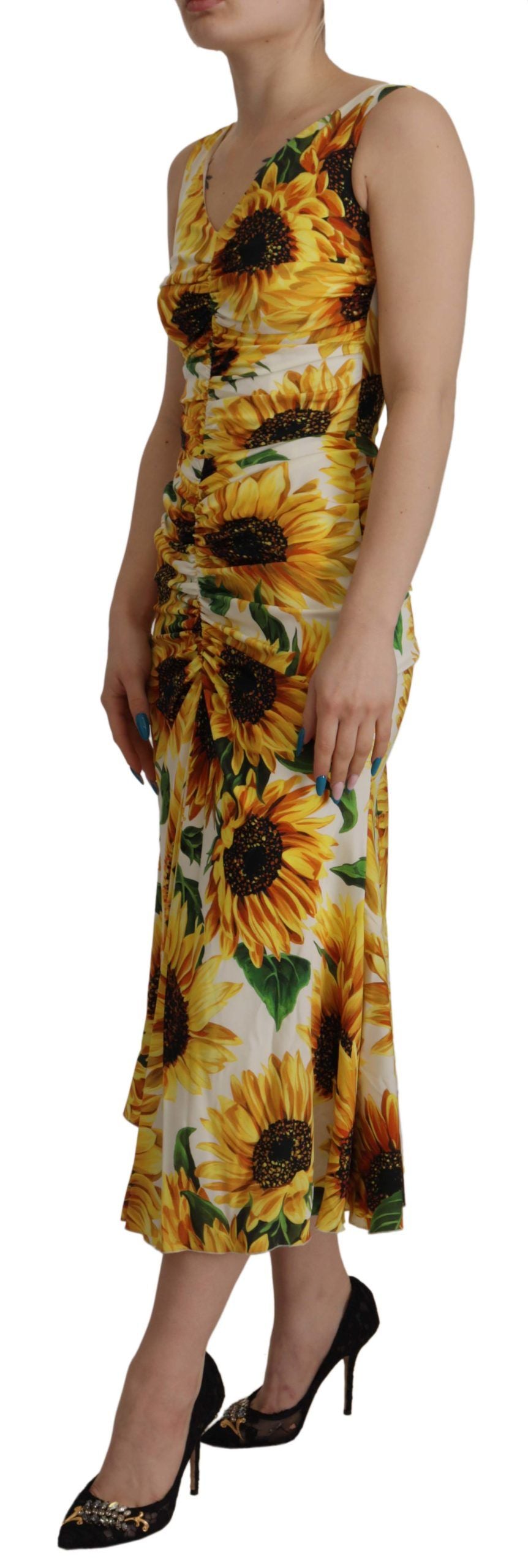 Dolce & Gabbana White Sunflower Print Sheath Midi Silk