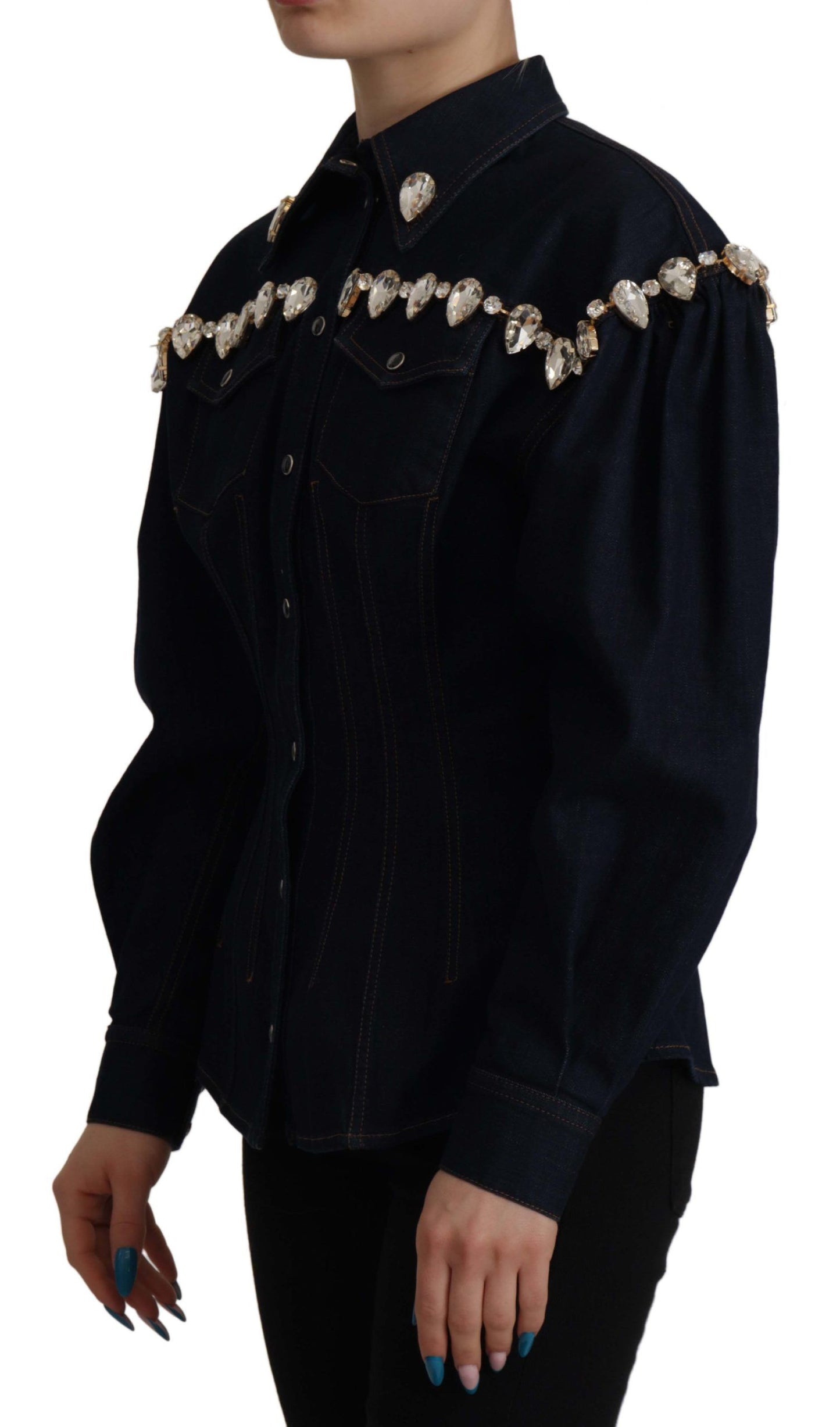 Dolce & Gabbana Blue Denim Crystal Embellish Cotton Jacket