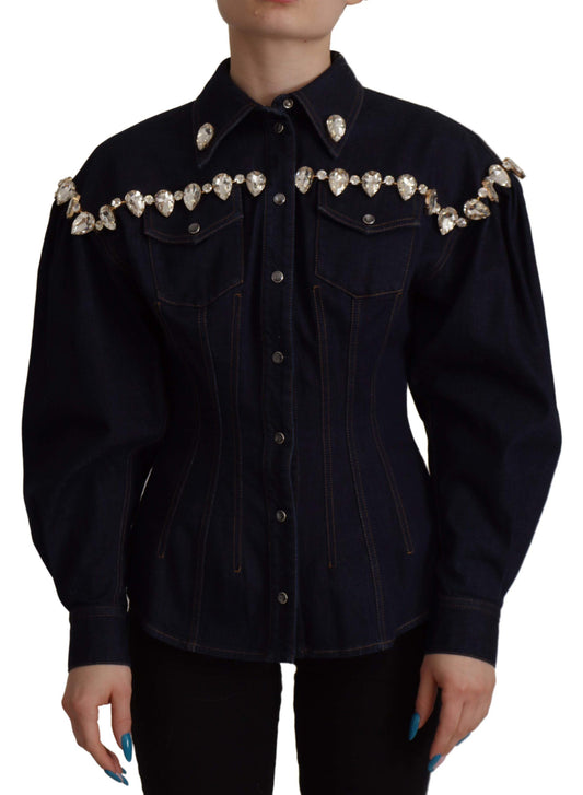 Dolce & Gabbana Blue Denim Crystal Embellish Cotton Jacket