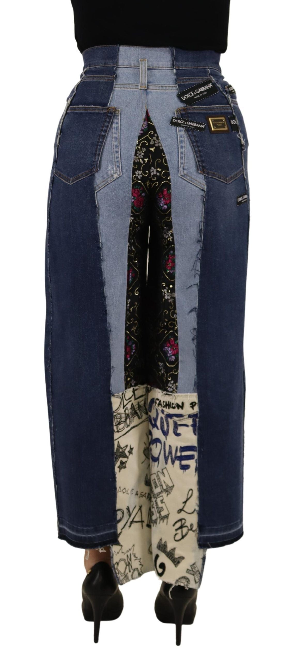 Dolce & Gabbana Multicolor Patchwork DG Fashion Wide Leg Denim Pant