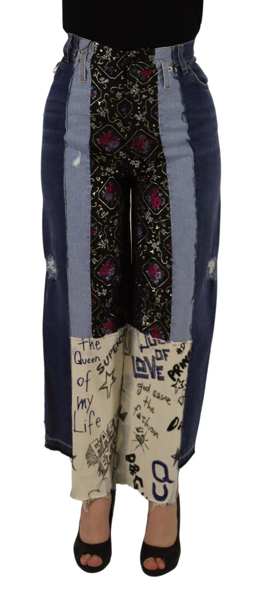 Dolce & Gabbana Multicolor Patchwork DG Fashion Wide Leg Denim Pant