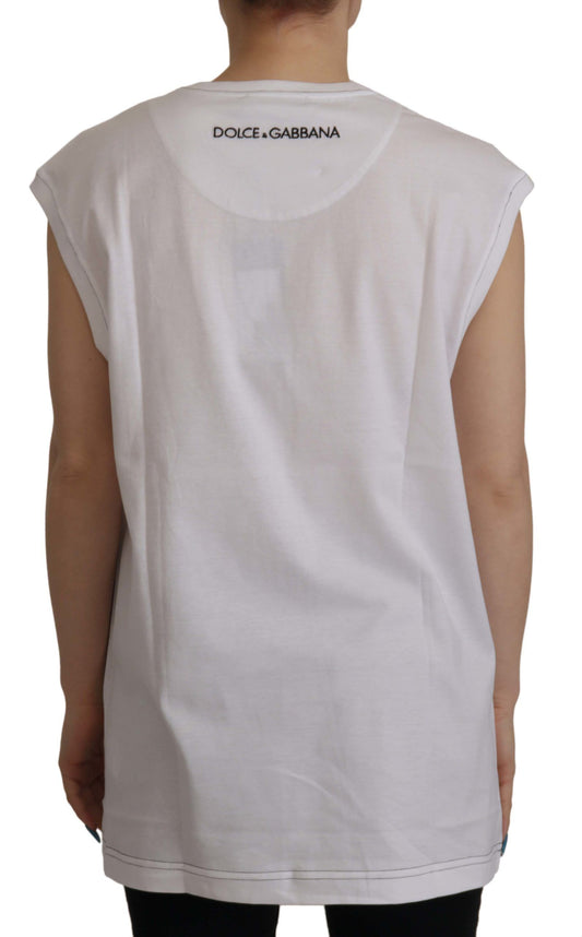 Dolce & Gabbana White Cotton Printed Round Neck Tank Top