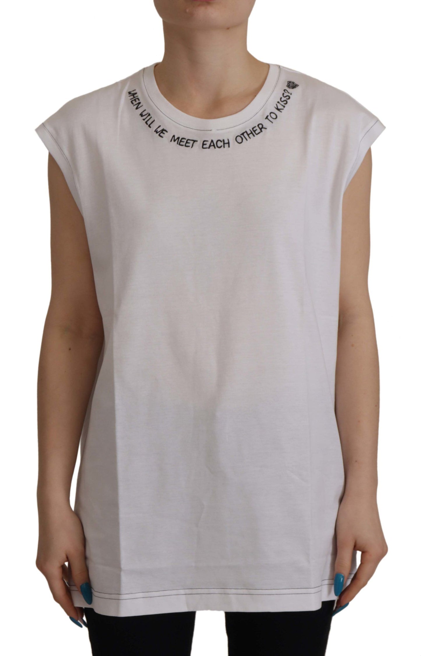 Dolce & Gabbana White Cotton Printed Round Neck Tank Top