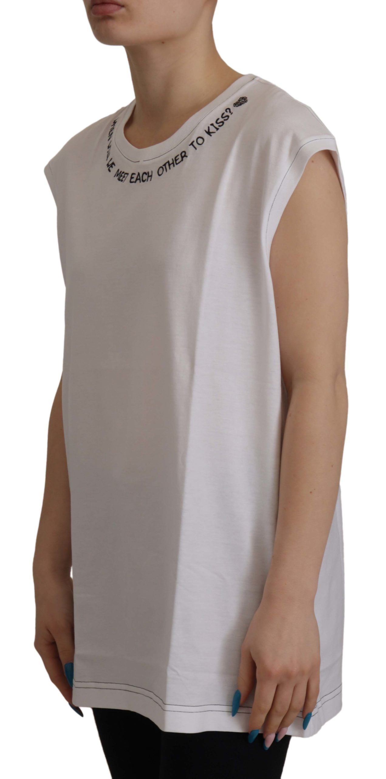 Dolce & Gabbana White Cotton Printed Round Neck Tank Top